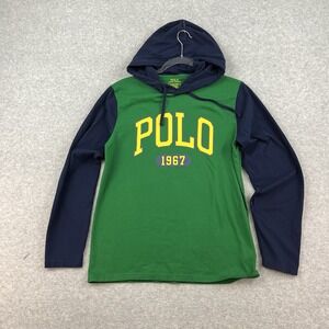 Polo Ralph Lauren Mens Small Shirt Hoodie Green Blue Spellout Lightweight EUC